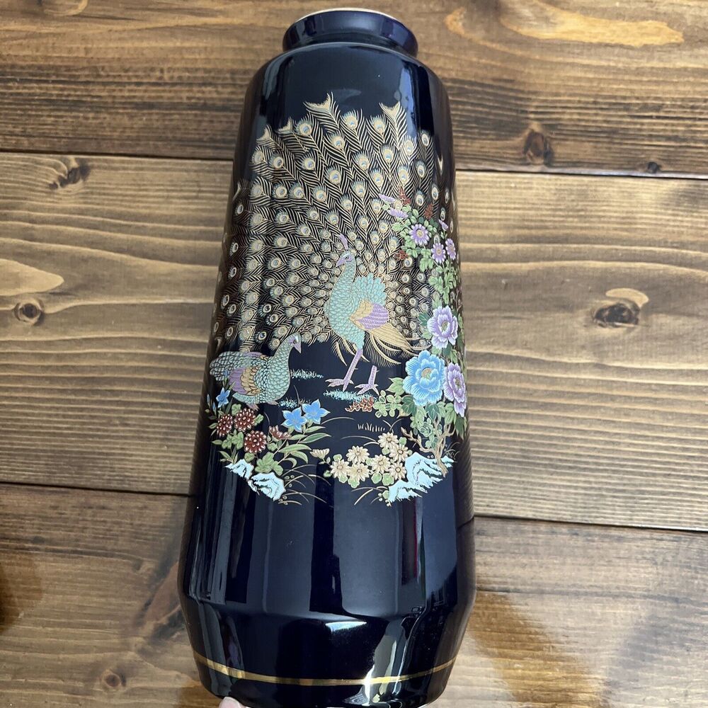 Vintage Cobalt Blue Cylinder Peacock Vase Made In Japan 11.5 Inch Mint Condition